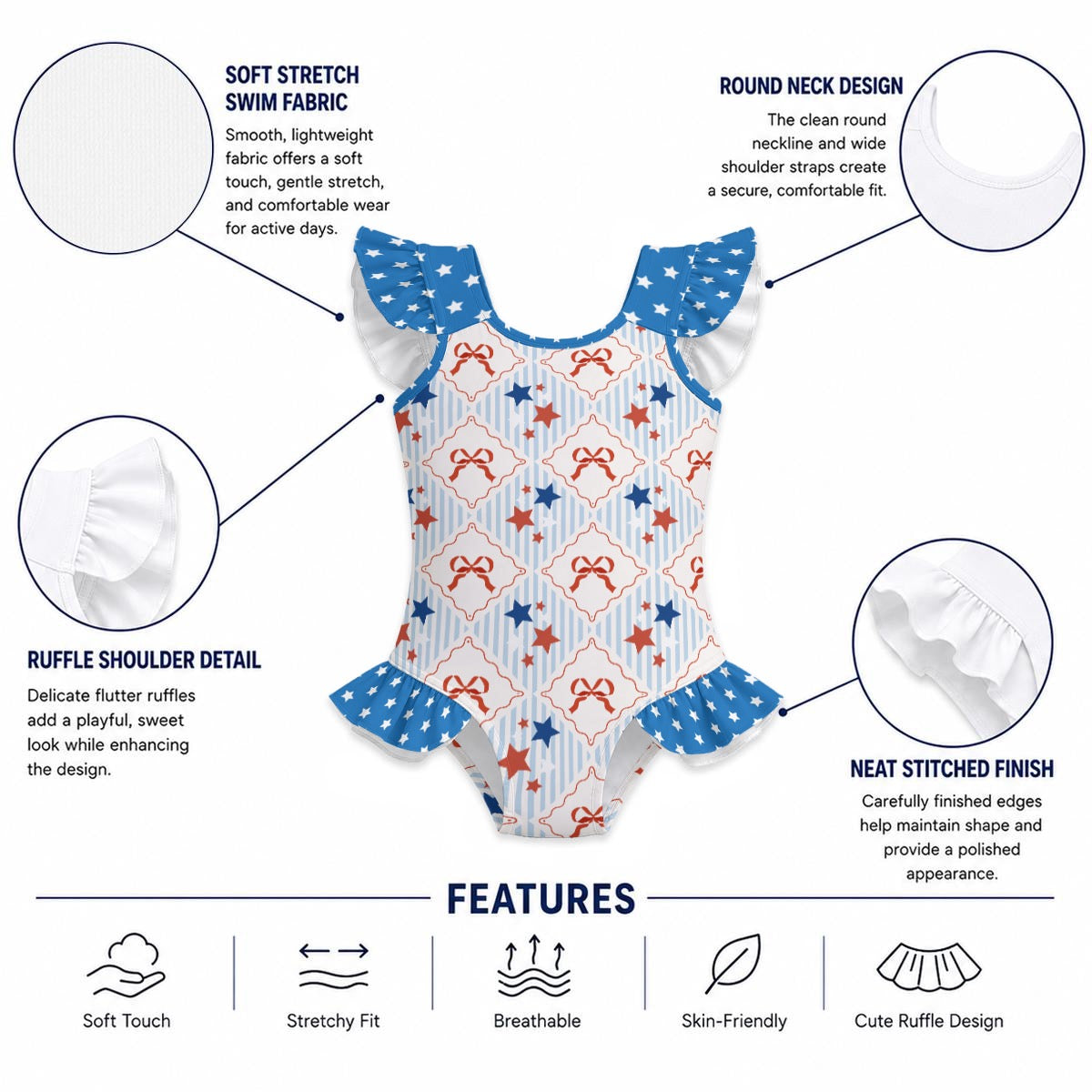 Patriotic Stars & Bows Girls' Ruffle Sleeve Swimsuit With Bow