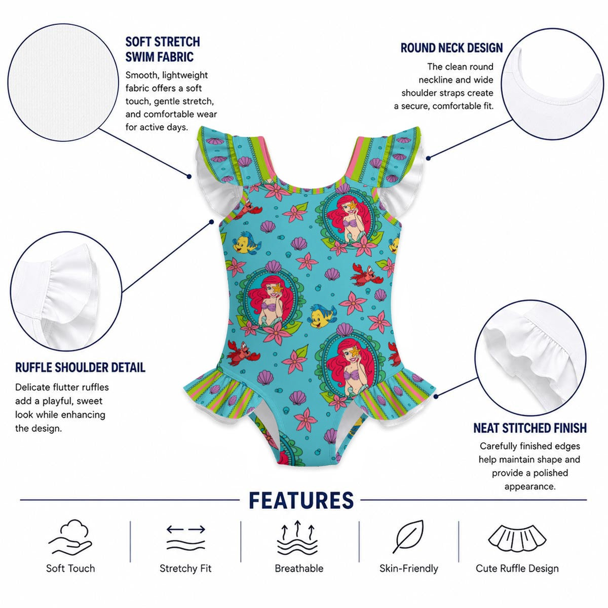 Teal Mermaid Frame Girls' Ruffle Sleeve Swimsuit With Bow