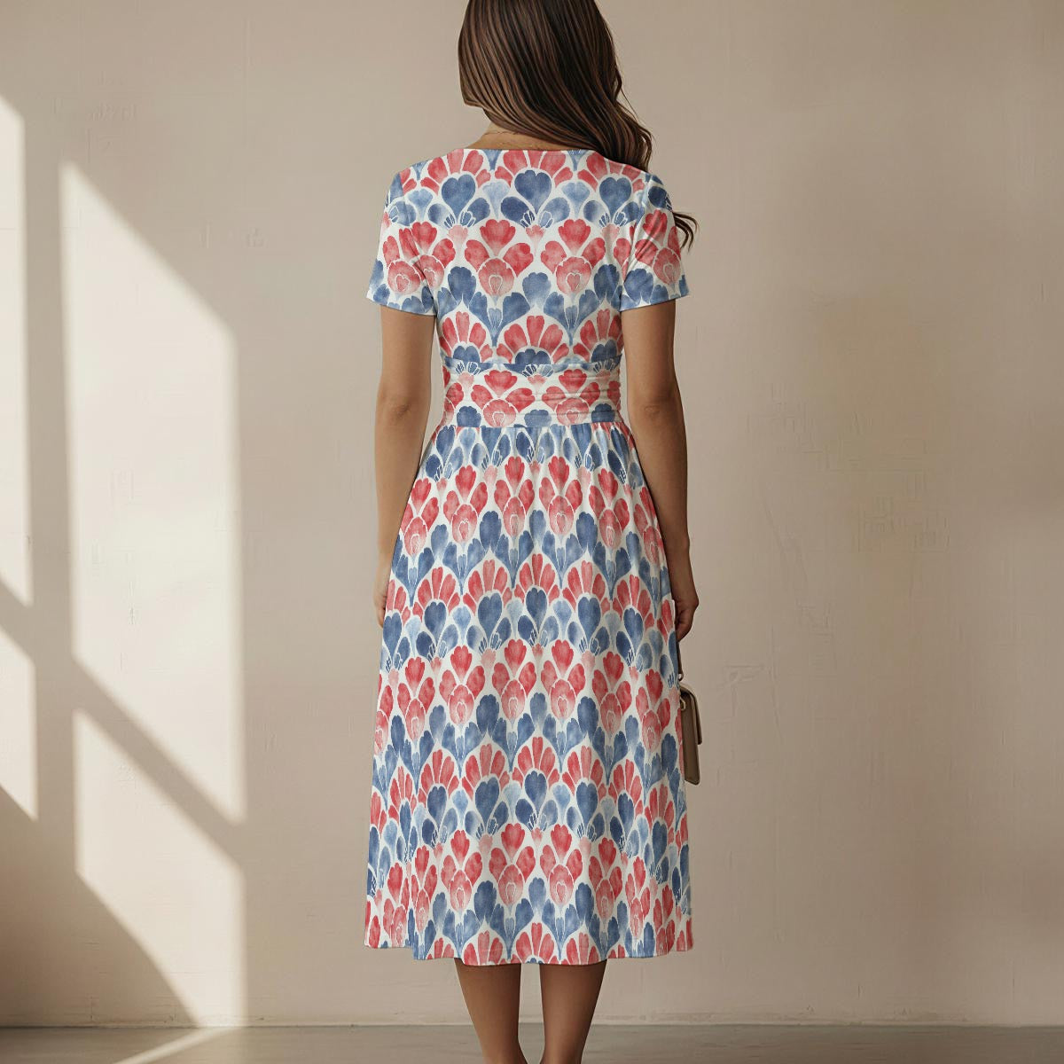 Patriotic Watercolor Print Women's Short Sleeve V Neck Midi Dress