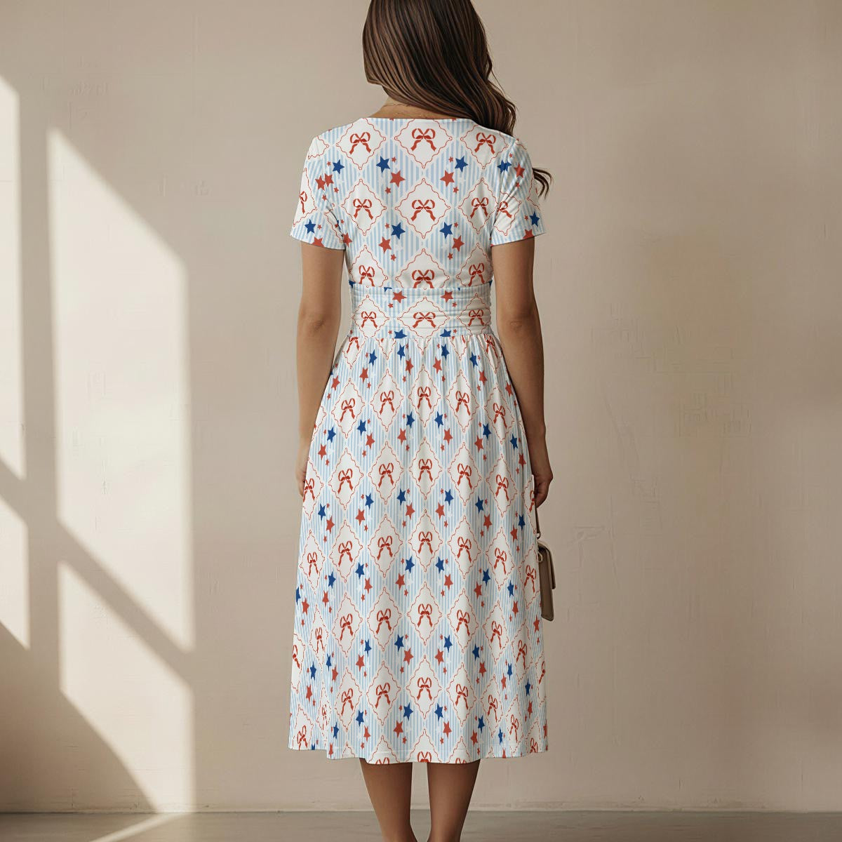 Patriotic Trellis Women's Short Sleeve V Neck Midi Dress