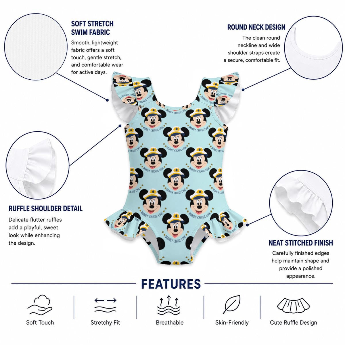 DCL Girls' Ruffle Sleeve Swimsuit With Bow