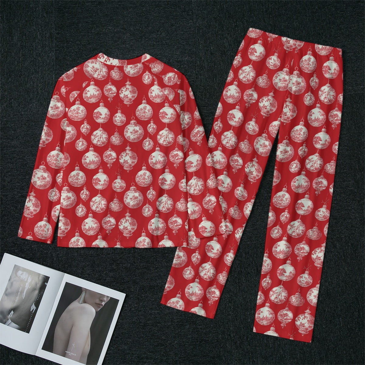 Red Toile Christmas Ornaments Women's Raglan Sleeve Pajamas