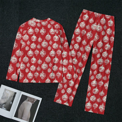 Red Toile Christmas Ornaments Women's Raglan Sleeve Pajamas