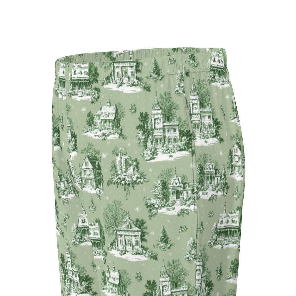 Sage Christmas Toile Women's Long Sleeve Pajama Set With White Contrast Piping