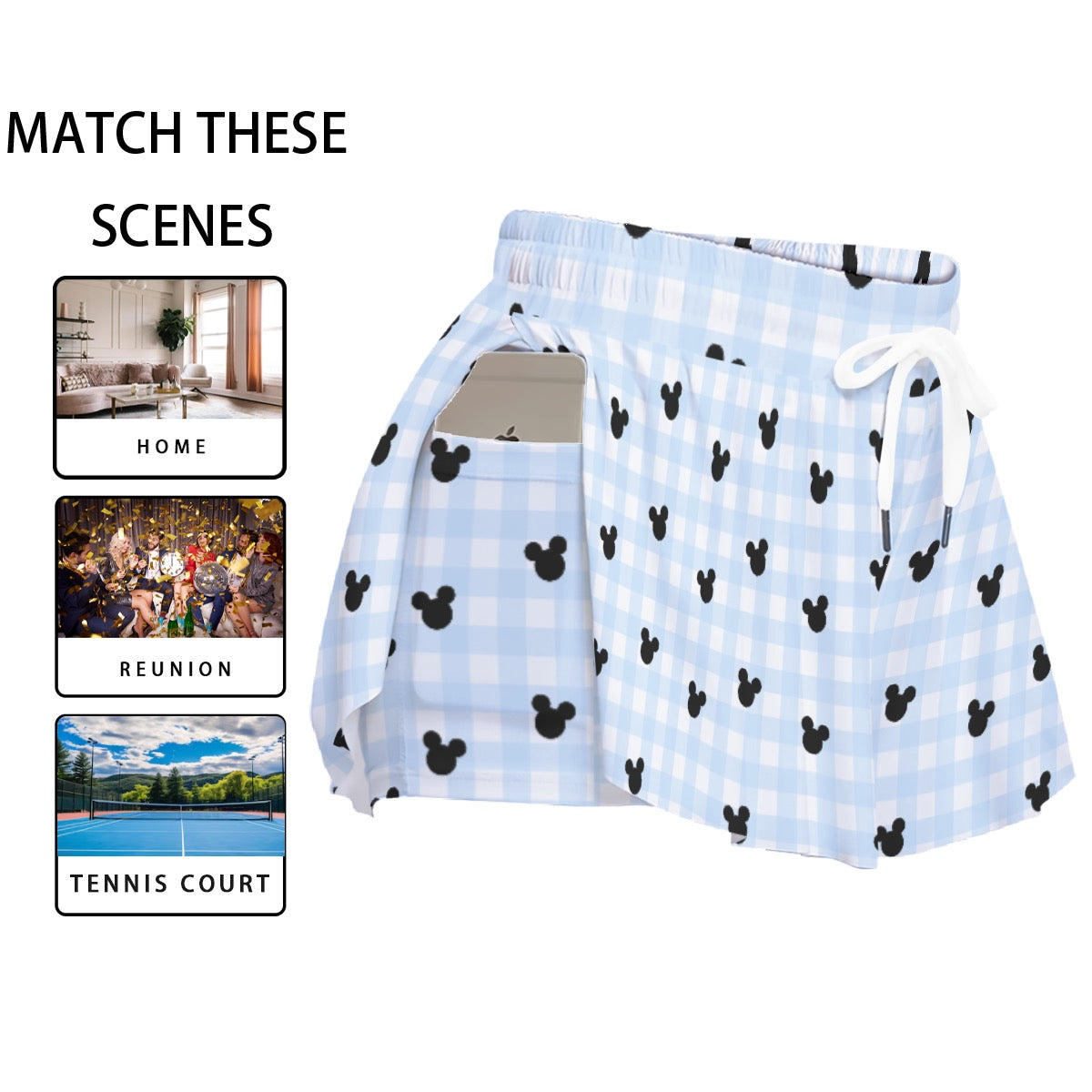 Light Blue Gingham Women's Sport Skorts With Pocket