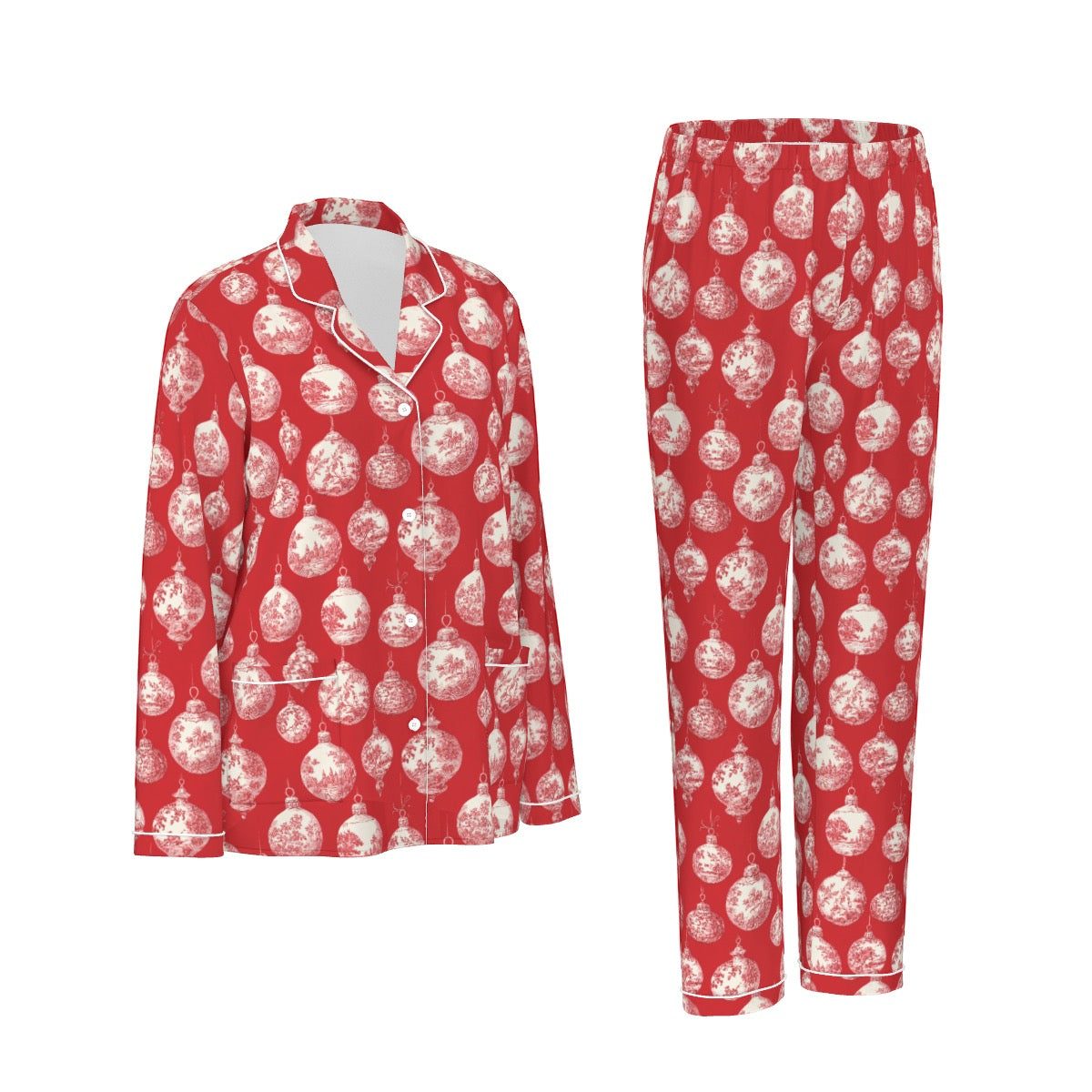 Red Toile Christmas Ornaments Women's Long Sleeve Pajama Set With White Contrast Piping