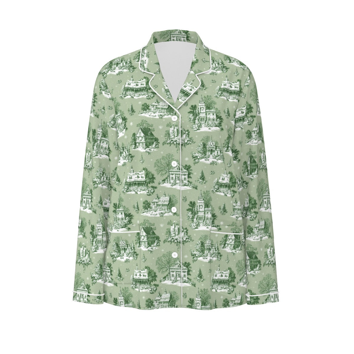 Sage Christmas Toile Women's Long Sleeve Pajama Set With White Contrast Piping
