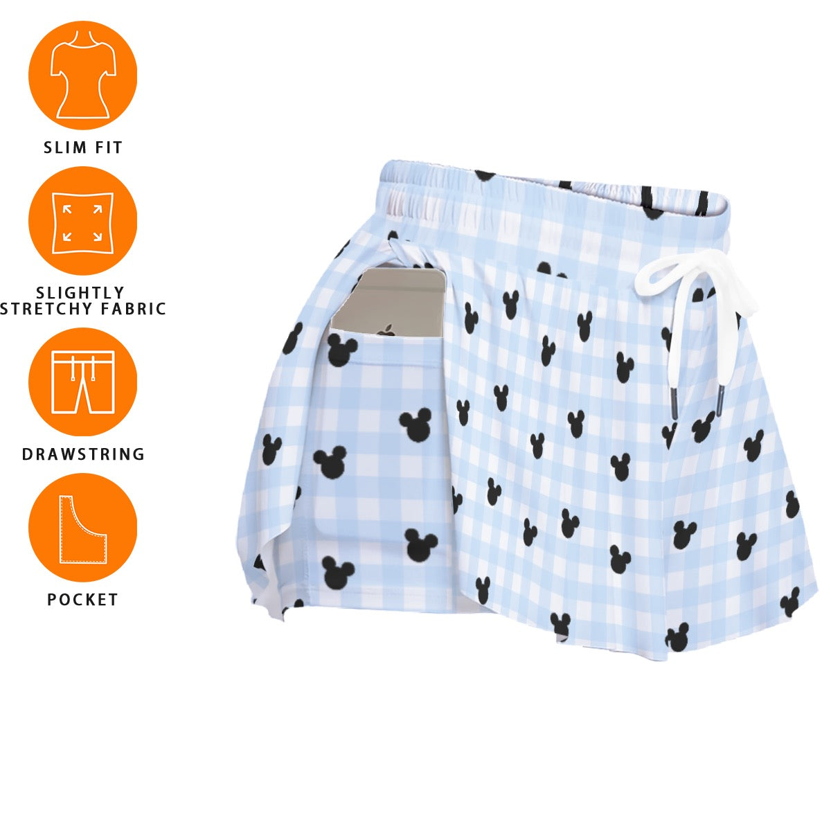 Light Blue Gingham Women's Sport Skorts With Pocket