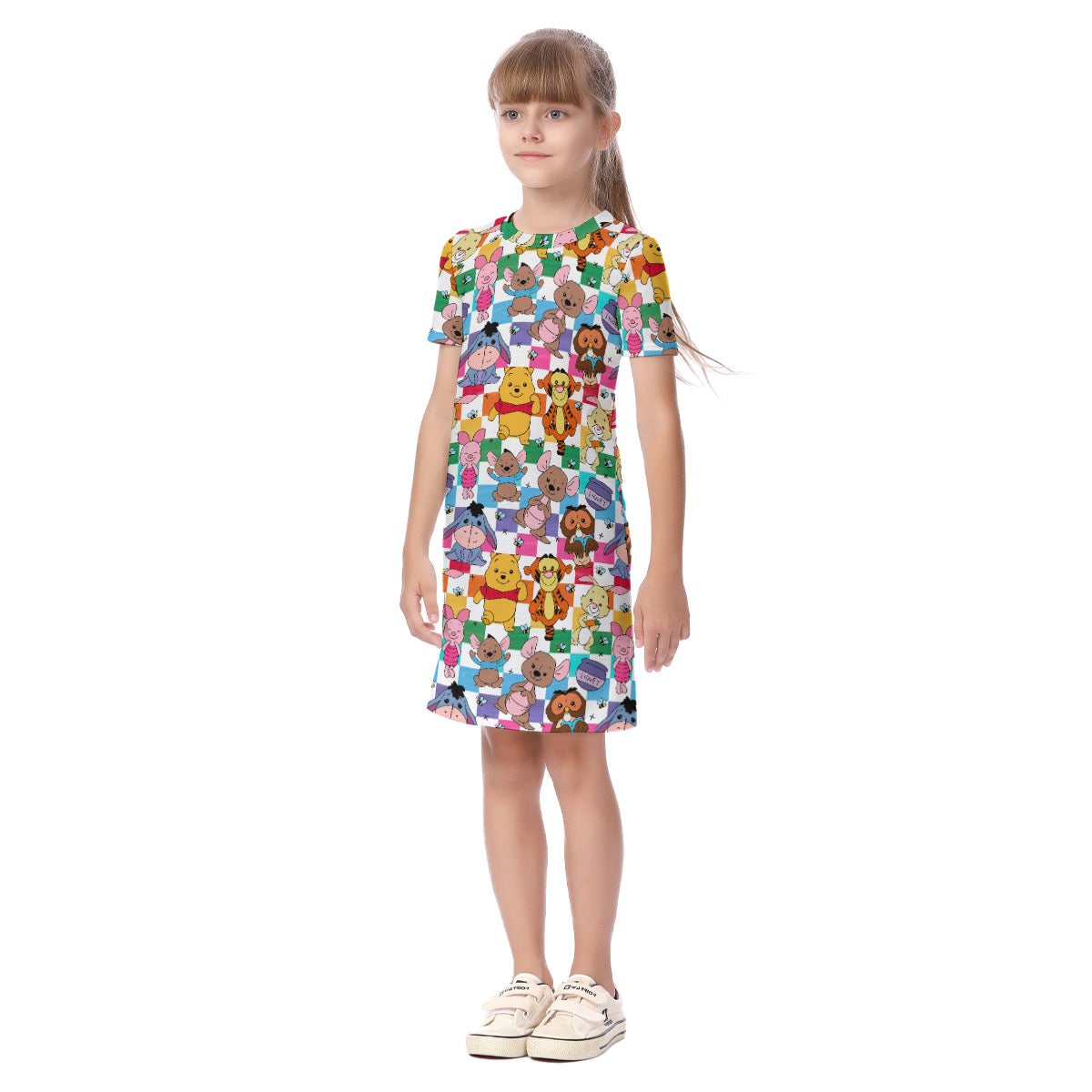 Colorful Checkered Winnie & Friends Kid's Short Sleeve Dress