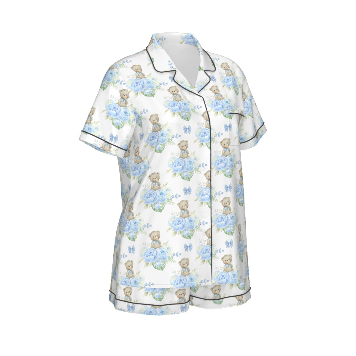 Blue Floral Teddy Bear Women's Pajama Set With Short Sleeve