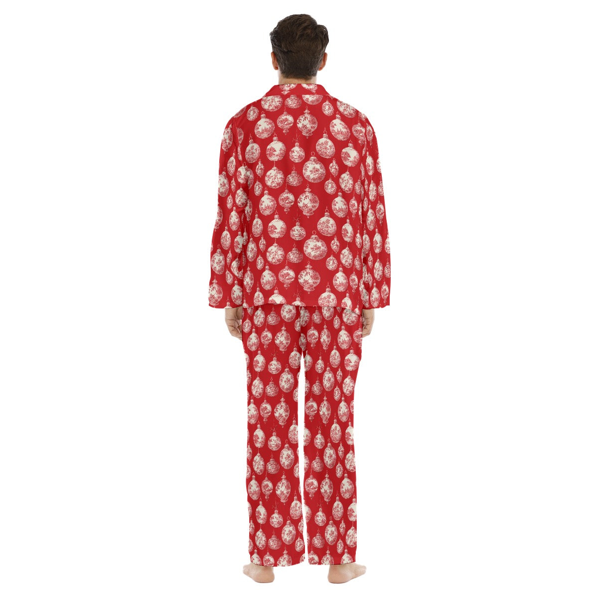 Red Toile Christmas Ornaments Men's Lapel Pajama Set