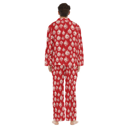 Red Toile Christmas Ornaments Men's Lapel Pajama Set