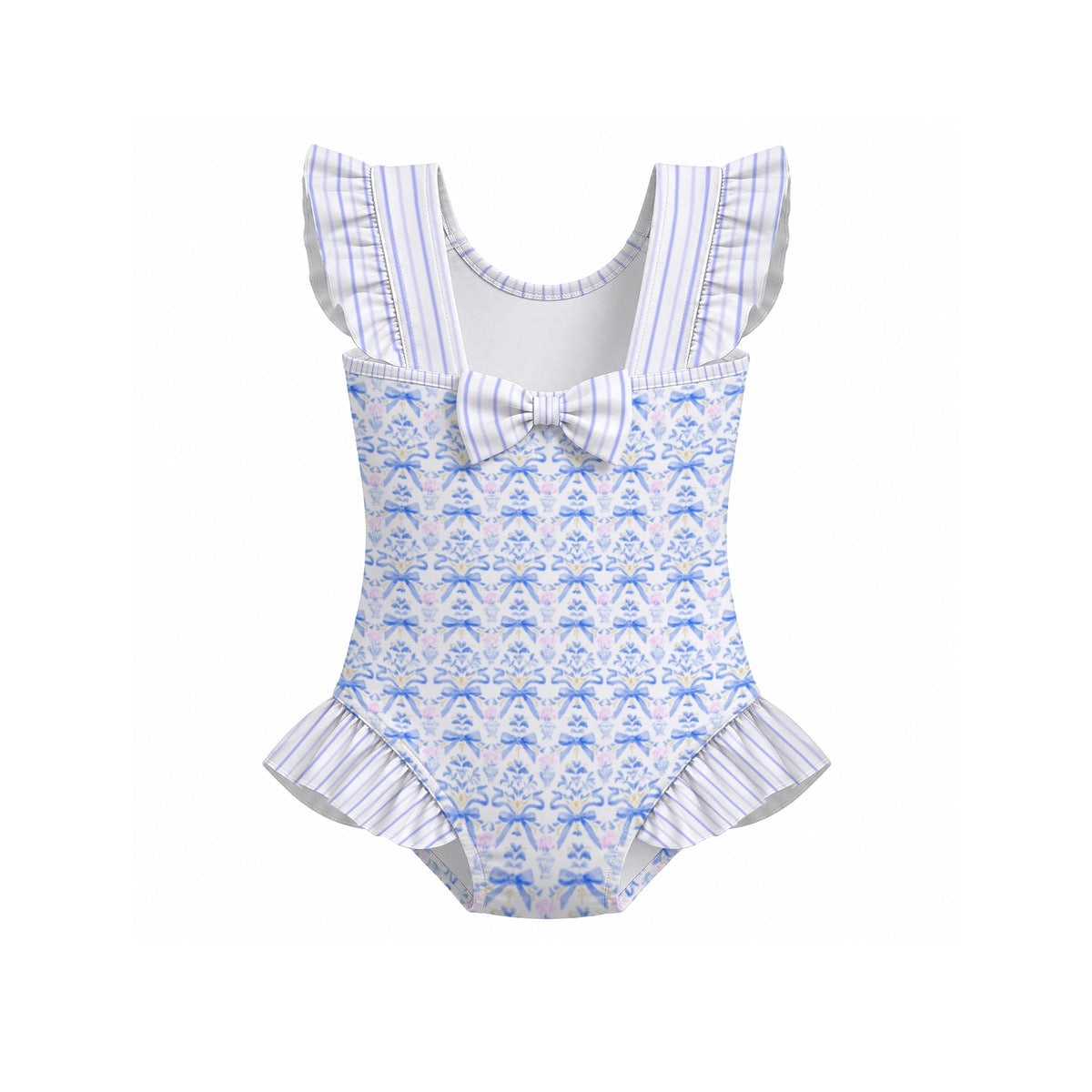 Blue Bow & Urn Ruffle Sleeve Swimsuit With Bow