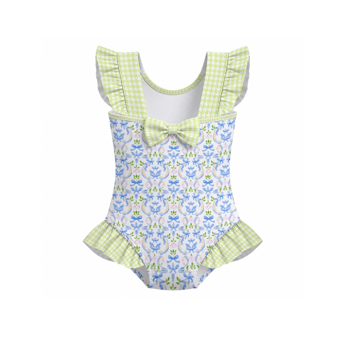 Grandmillenial Blue Bow & Grandmillenial Green Houndstooth Girls' Ruffle Sleeve Swimsuit