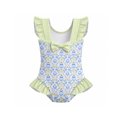 Grandmillenial Blue Bow & Grandmillenial Green Houndstooth Girls' Ruffle Sleeve Swimsuit