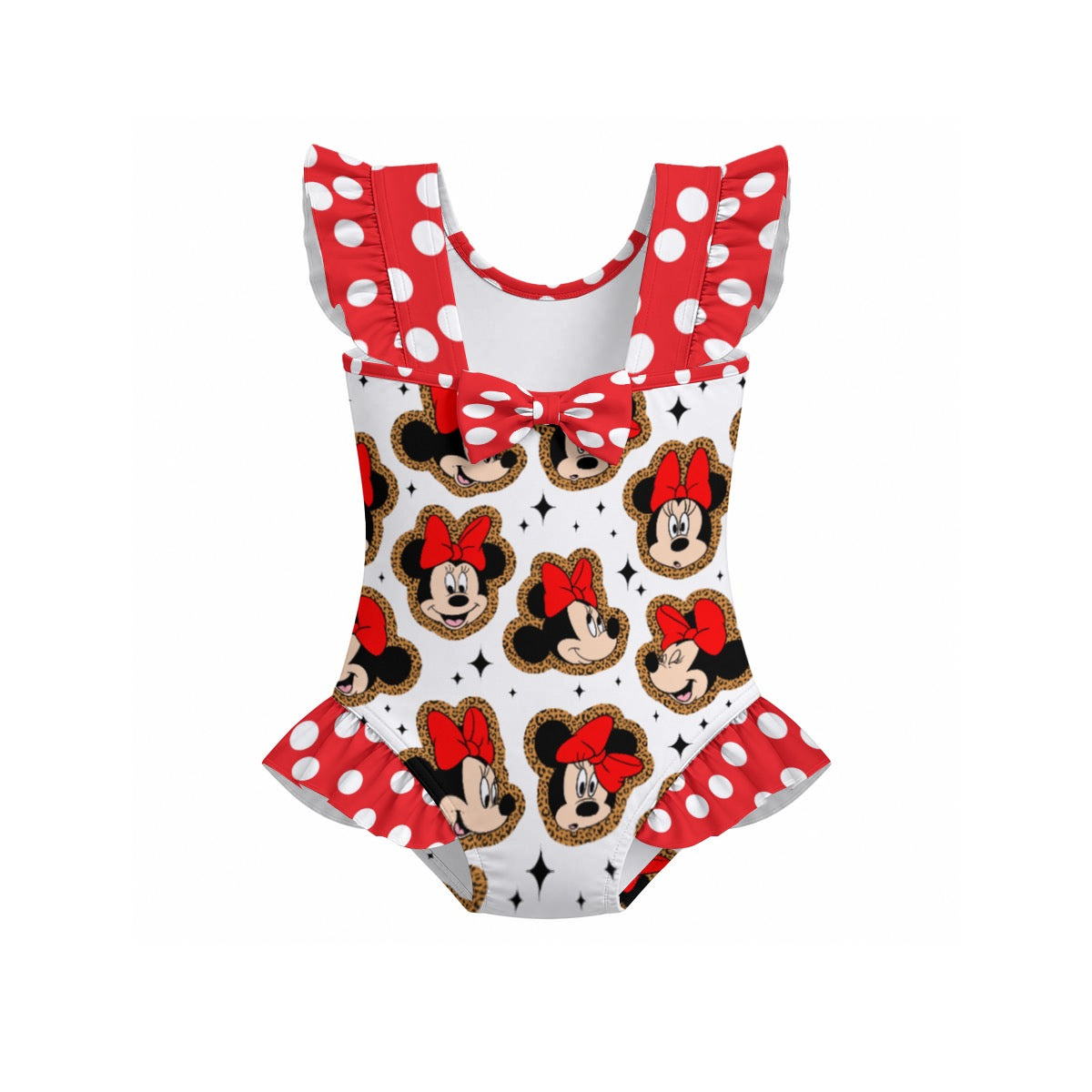 Leopard Minnie Girls' Ruffle Sleeve Swimsuit With Bow