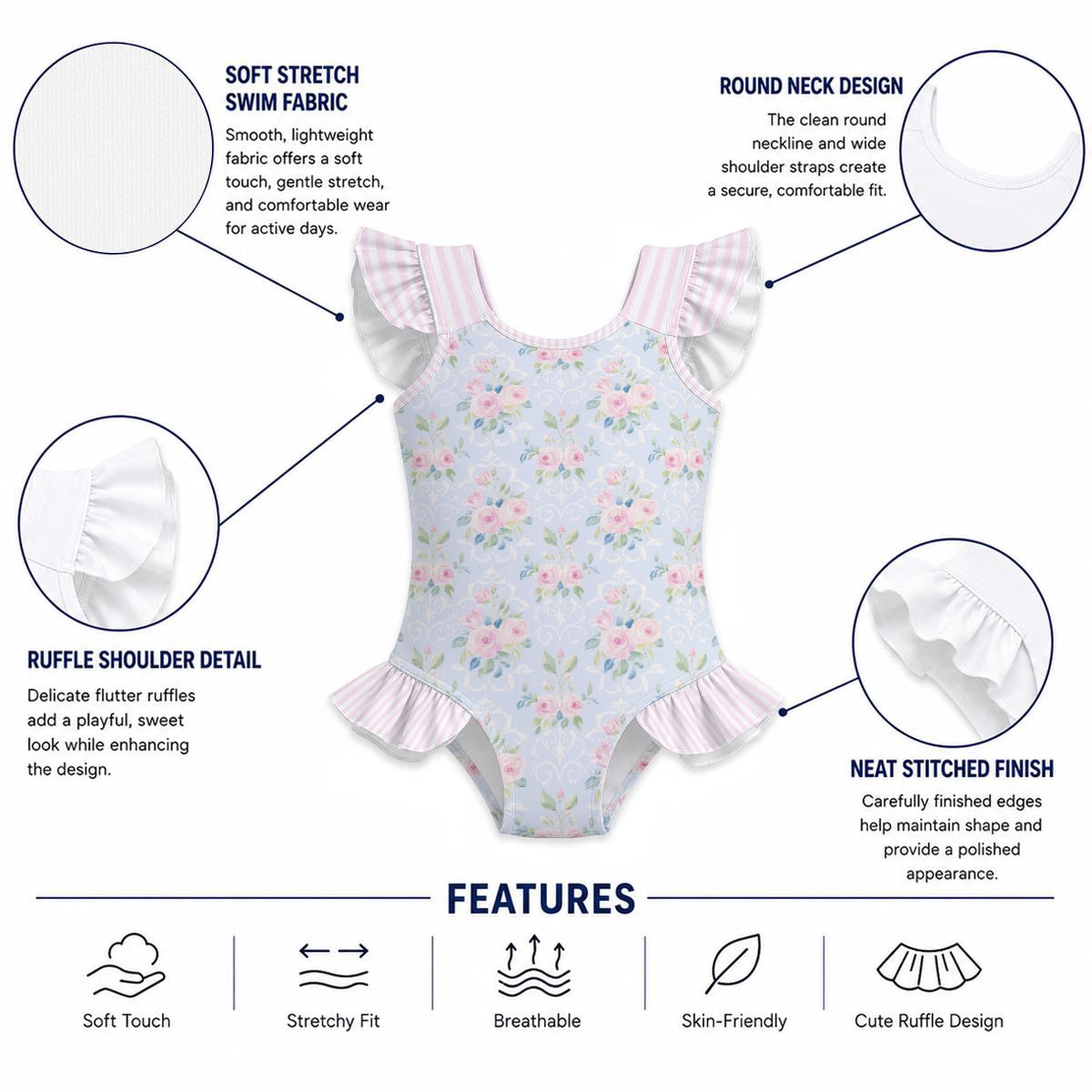 Rose Girls' Ruffle Sleeve Swimsuit with Bow