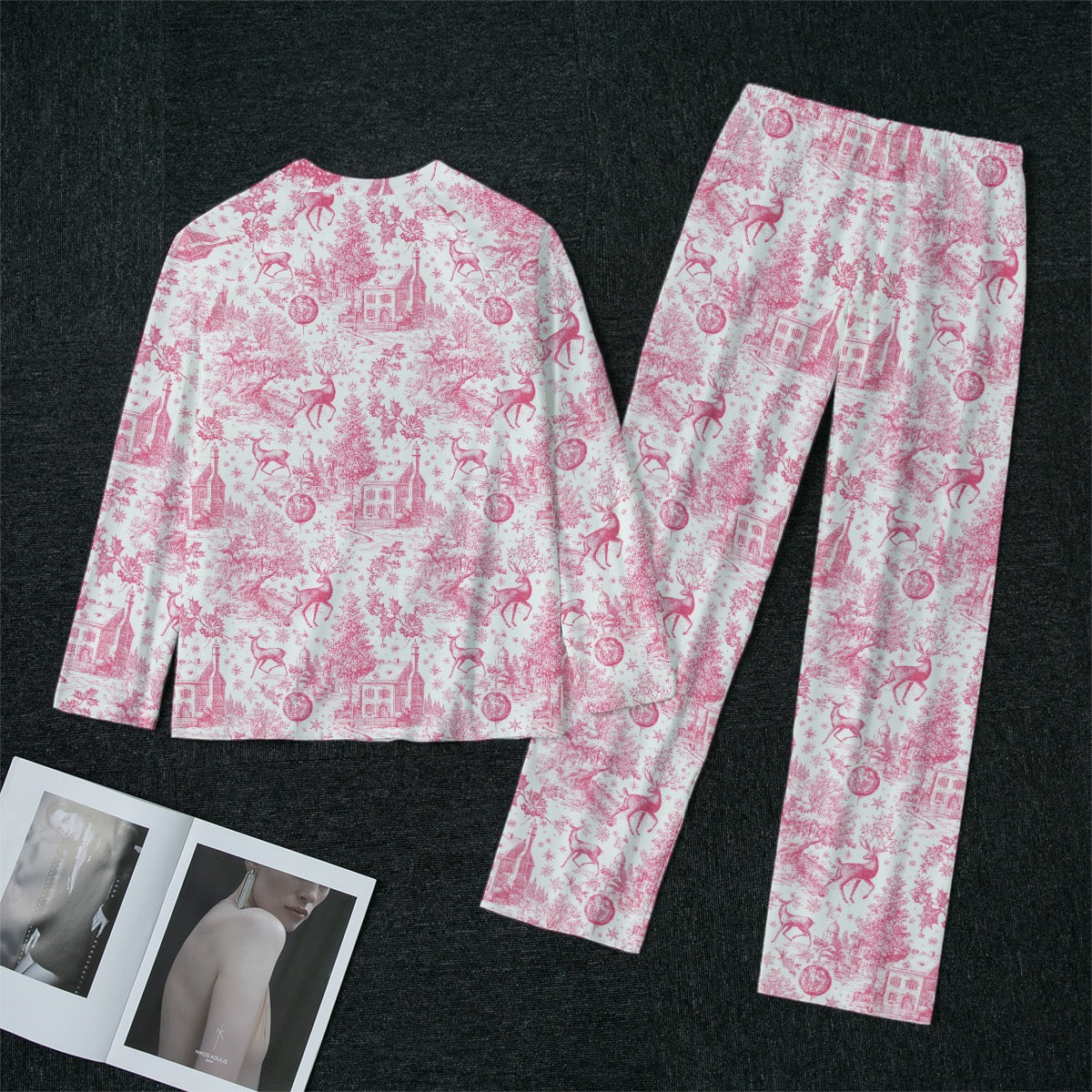 Hot Pink Christmas Toile Women's Raglan Sleeve Pajamas