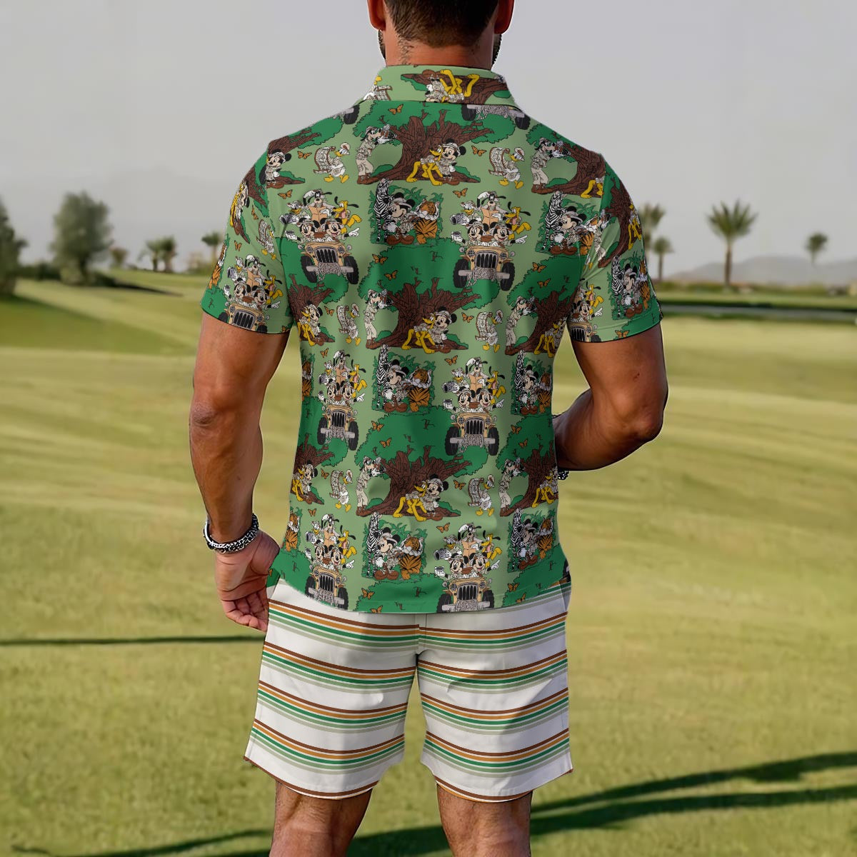 Green Safari & Stripe Men's Polo Sportswear Set