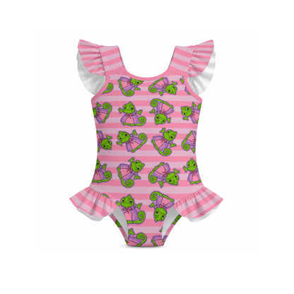 Chameleon Stripe Girls' Ruffle Sleeve Swimsuit With Bow
