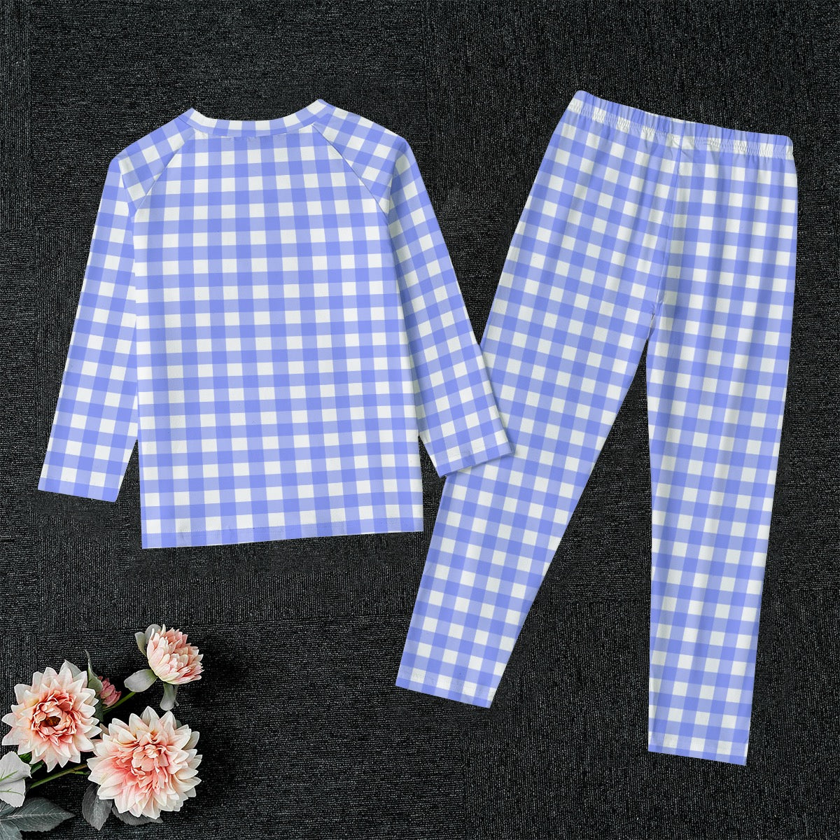 Bright Blue Gingham Kid's Raglan Sleeve Pajamas With Straight Leg Pants