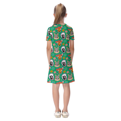 Green Forest Friends Kid's Short Sleeve Dress