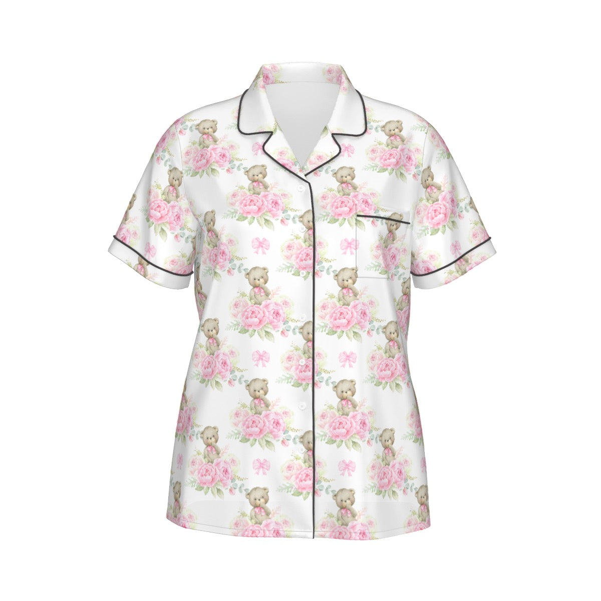 Pink Floral Teddy Bear Women's Pajama Set With Short Sleeve