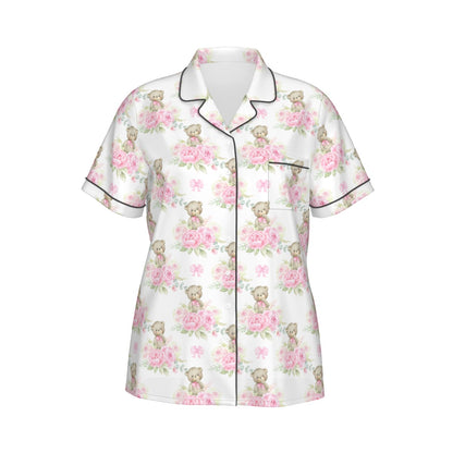 Pink Floral Teddy Bear Women's Pajama Set With Short Sleeve