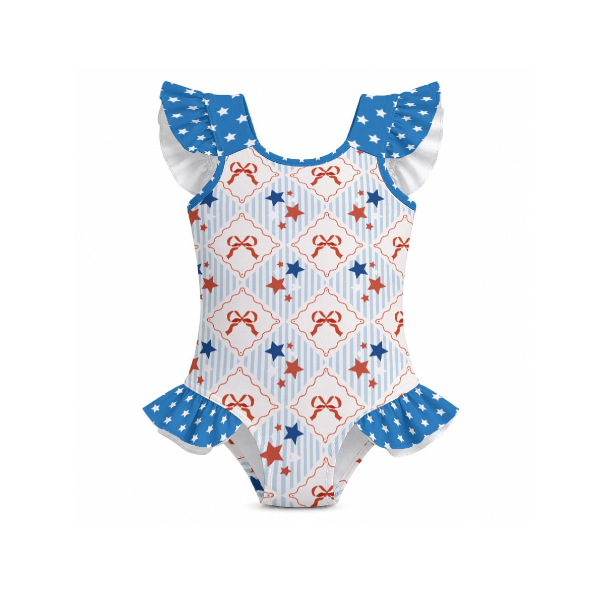 Patriotic Stars & Bows Girls' Ruffle Sleeve Swimsuit With Bow
