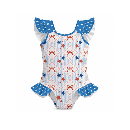 Patriotic Stars & Bows Girls' Ruffle Sleeve Swimsuit With Bow