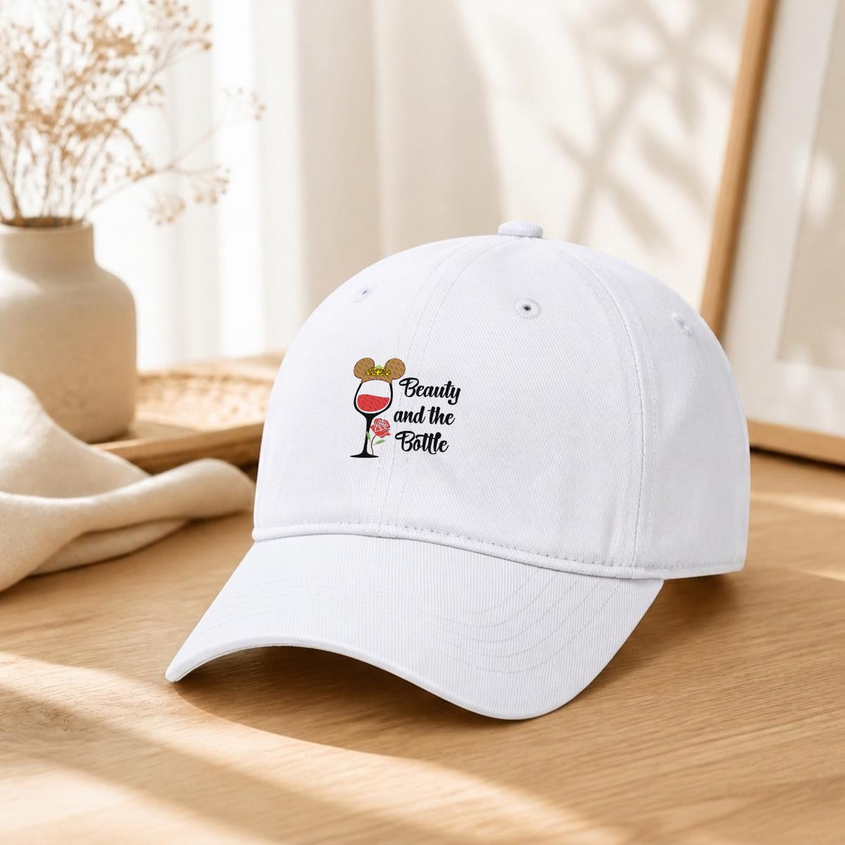Beauty And The Bottle Embroidered Soft-Crown Flat Cap