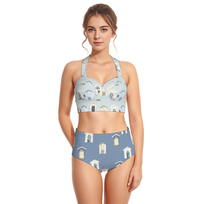 Beach Houses & Oars/Dark Blue Beach Houses Women's Swimsuit Set With Halter