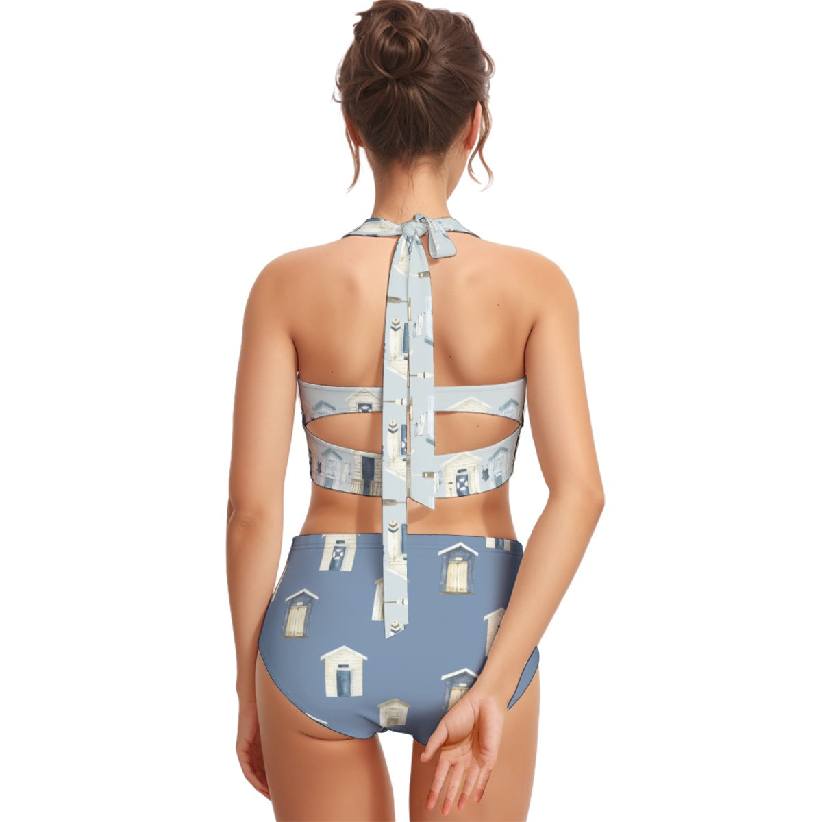 Beach Houses & Oars/Dark Blue Beach Houses Women's Swimsuit Set With Halter