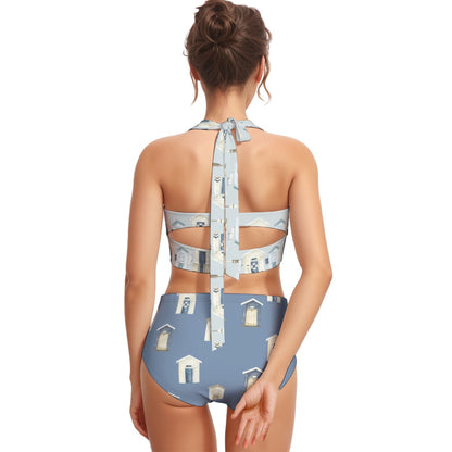 Beach Houses & Oars/Dark Blue Beach Houses Women's Swimsuit Set With Halter