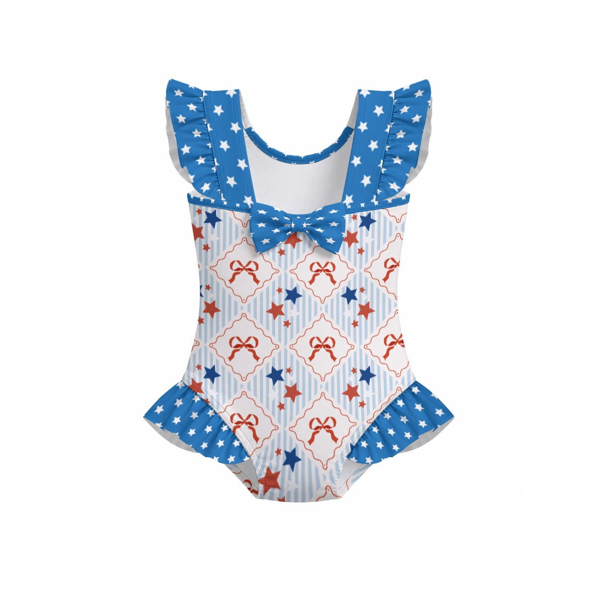 Patriotic Stars & Bows Girls' Ruffle Sleeve Swimsuit With Bow