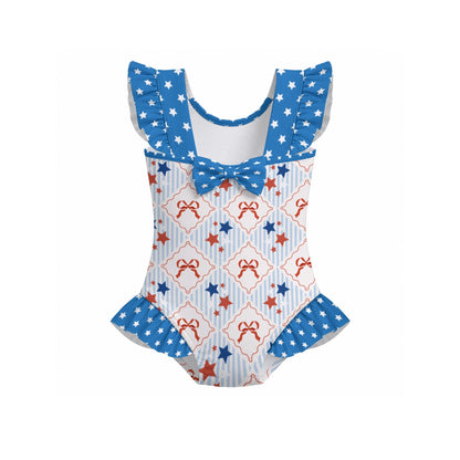 Patriotic Stars & Bows Girls' Ruffle Sleeve Swimsuit With Bow
