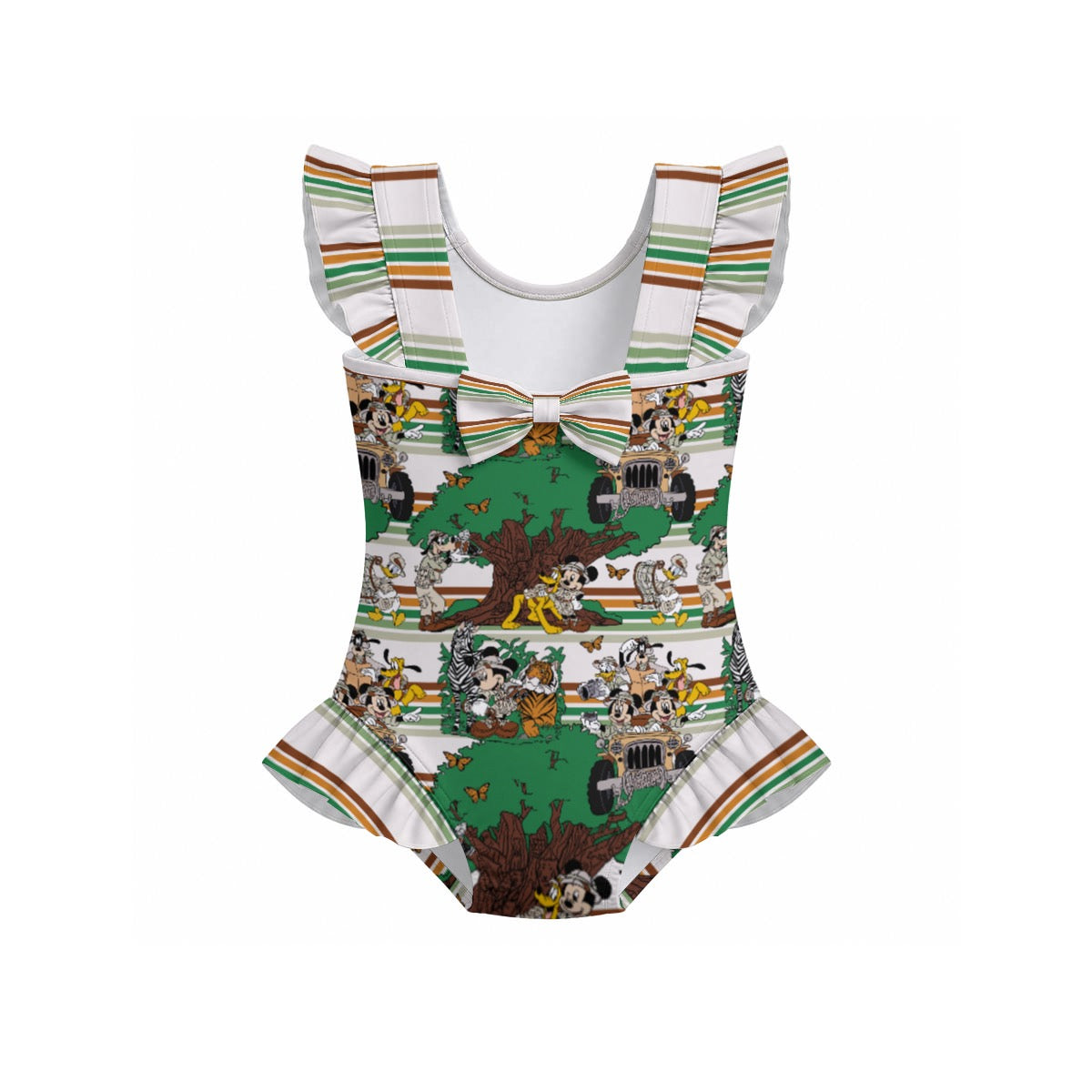 Striped Safari Girls' Ruffle Sleeve Swimsuit With Bow