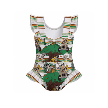 Striped Safari Girls' Ruffle Sleeve Swimsuit With Bow