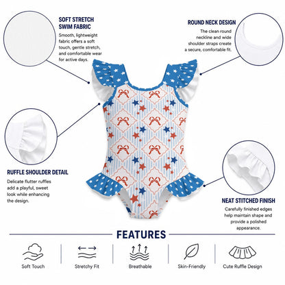 Patriotic Stars & Bows Girls' Ruffle Sleeve Swimsuit With Bow