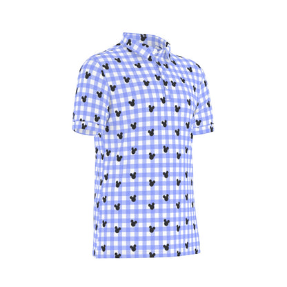 Bright Blue Gingham Men's Stretch Collar Polo Shirt