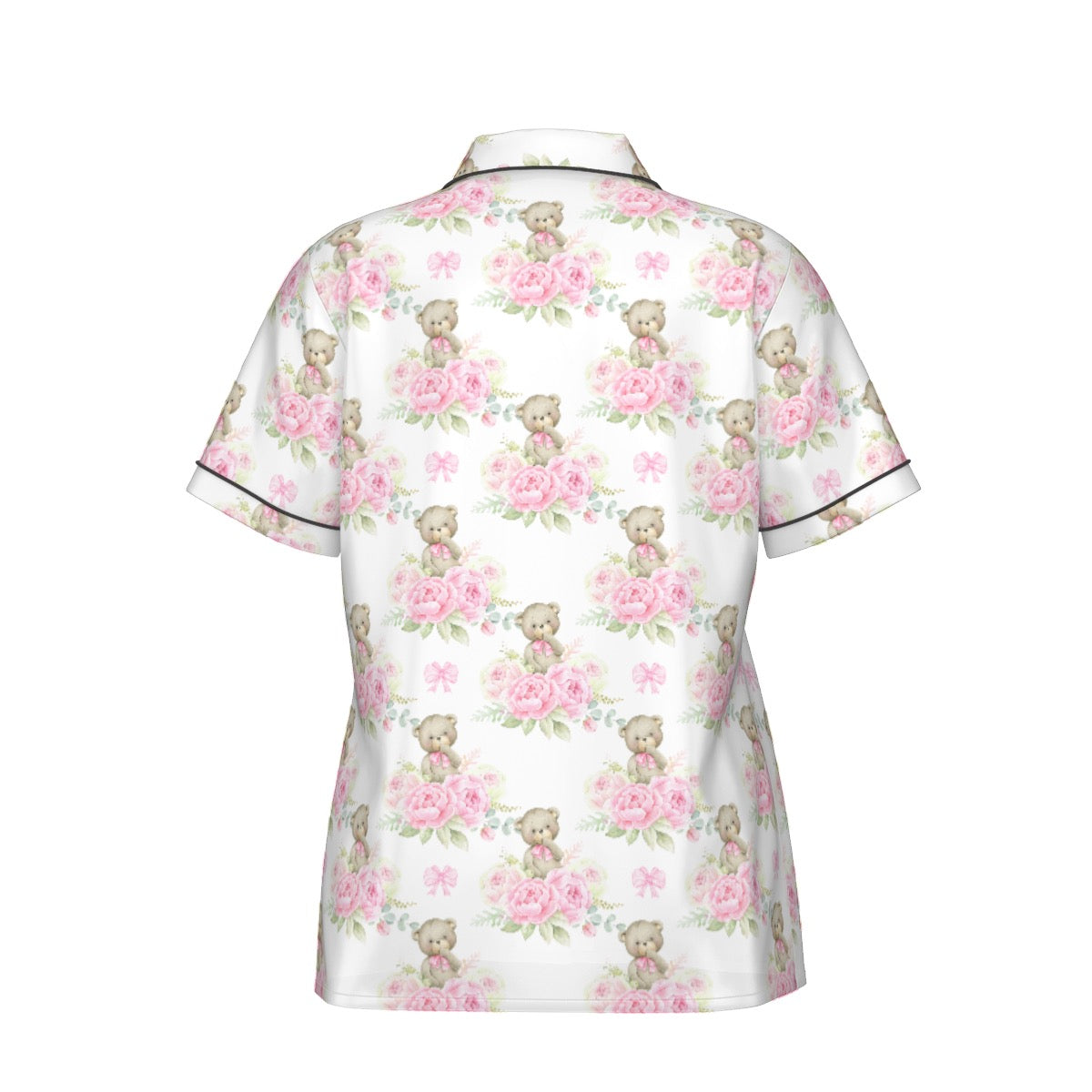 Pink Floral Teddy Bear Women's Pajama Set With Short Sleeve