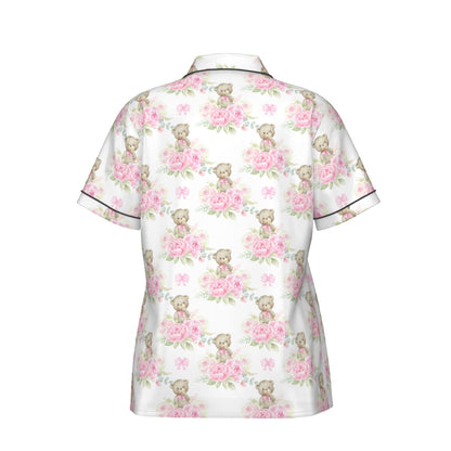 Pink Floral Teddy Bear Women's Pajama Set With Short Sleeve