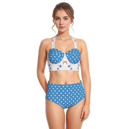 Patriotic Bows & Stars Women's Swimsuit Set With Halter