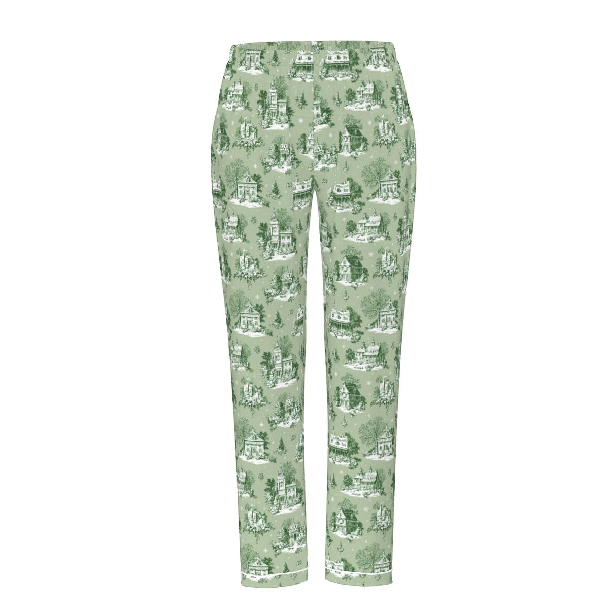 Sage Christmas Toile Women's Long Sleeve Pajama Set With White Contrast Piping
