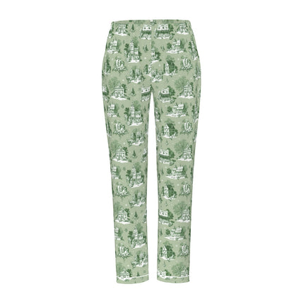 Sage Christmas Toile Women's Long Sleeve Pajama Set With White Contrast Piping