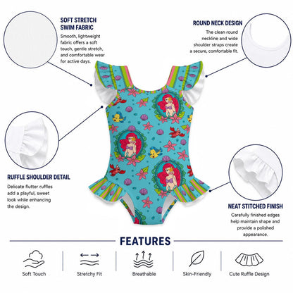 Teal Mermaid Frame Girls' Ruffle Sleeve Swimsuit With Bow