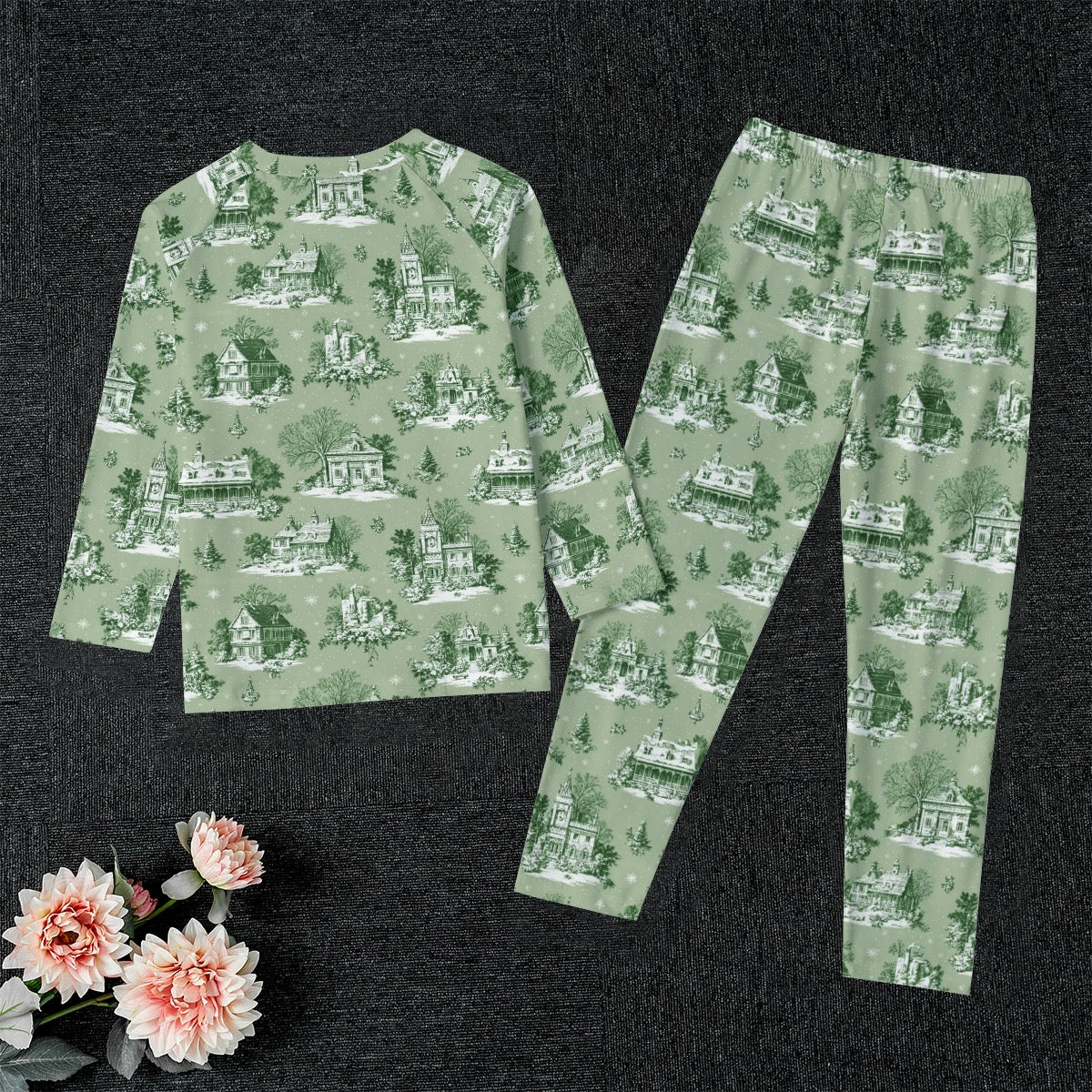 Sage Christmas Toile Kid's Raglan Sleeve Pajamas