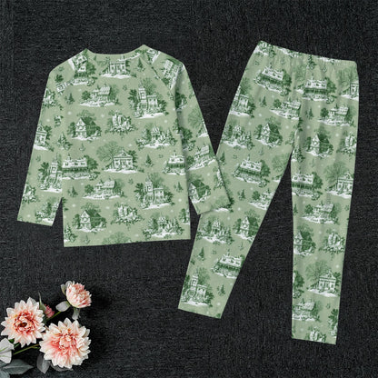 Sage Christmas Toile Kid's Raglan Sleeve Pajamas