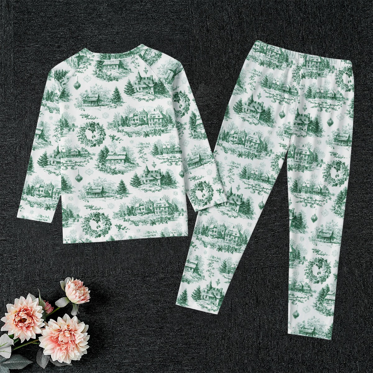 Dark Green Christmas Toile Kid's Raglan Sleeve Pajamas