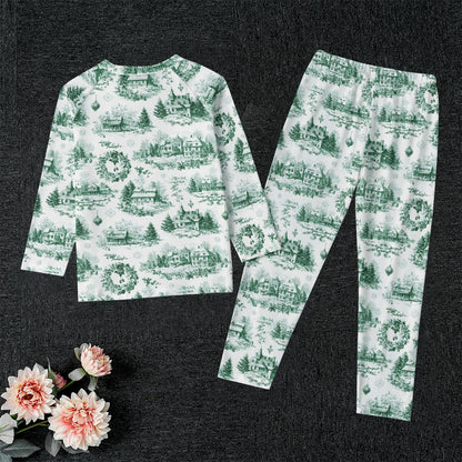 Dark Green Christmas Toile Kid's Raglan Sleeve Pajamas